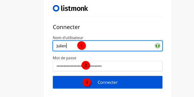 Page de login avec un champs pour s'dientifier, un champs pour le mot de passe, et, un bouton pour valider.