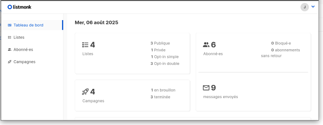 Le tableau de bord, avec en haut à gauche le menu principal, et, au centre quelques statistiques